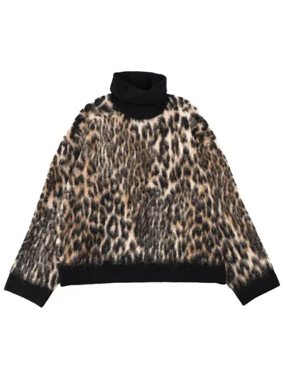 Ganni Leopard High-neck Sweater In Animal Print