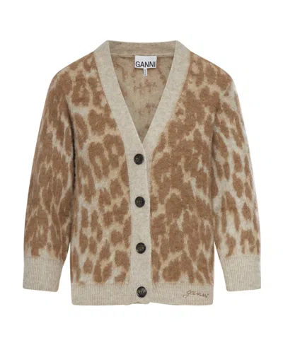 Ganni Leopard Jacquard Knitted Cardigan In Brown