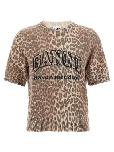Ganni Leopard Jacquard Wool Mix T-shirt In Beige