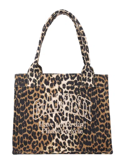 Ganni Leopard Large Canvas Tote In Animal Print