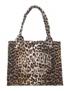Ganni Brown Tote Bag With Graphic Print On The Front And All-over Leopard Motif In Cotton Woman
