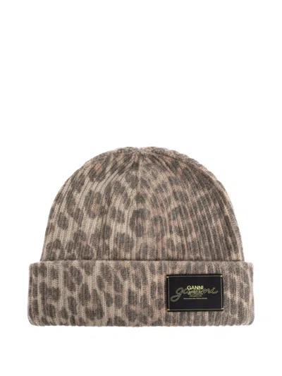Ganni Leopard Logo Beanie Hat In Brown
