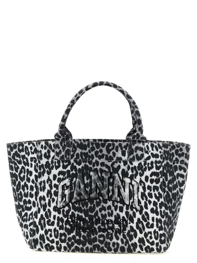 Ganni Leopard Medium Tote Shopping Bag In Gray