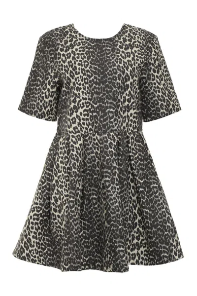 Ganni Leopard Cotton Tweed Mini Dress In Multicolour