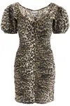 Ganni Bow-detailed Ruched Leopard-print Cotton-poplin Mini Dress In Animalier