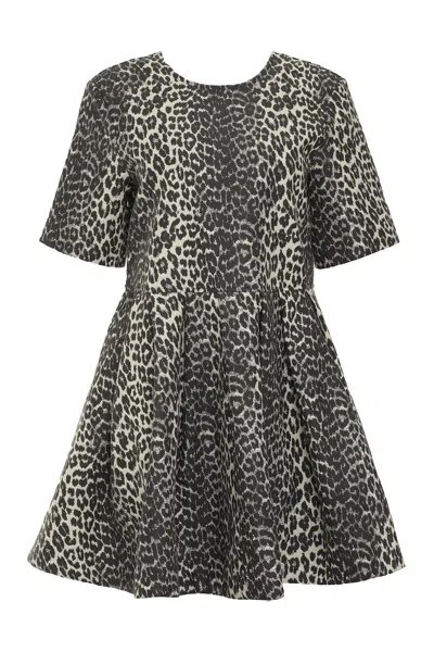 Ganni Leopard Cotton Tweed Mini Dress In Multicolour