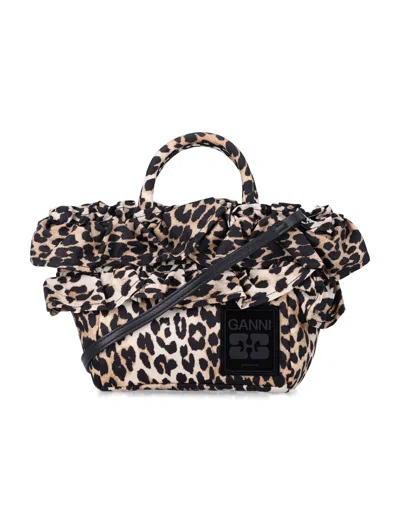 Ganni Leopard Mini Ruffled Shopper In Animal Print