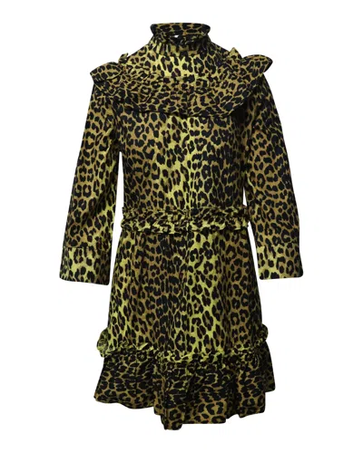 Ganni Leopard Minion Ruffled Mini Dress In Yellow Animal Print Cotton In Multi