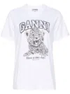 Ganni White T-shirt With Print And Logo Lettering On The Front In Cotton Woman