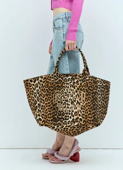 Ganni Leopard Oversized Canvas Tote Bag In Brown