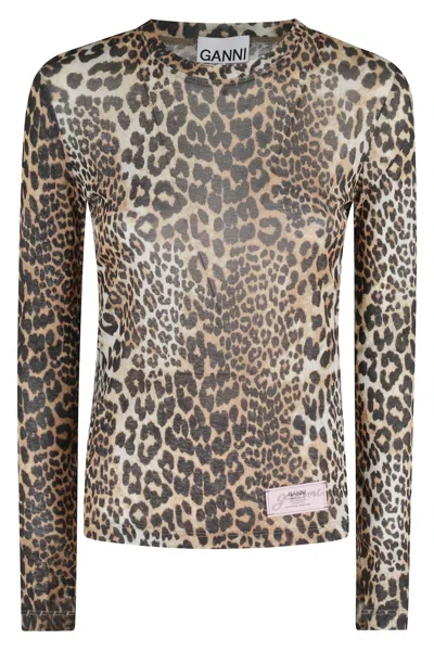 Ganni Leopard Pattern Printed Mesh Long Top In Animal Print