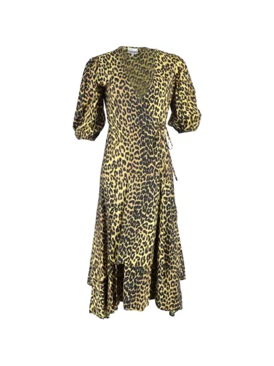 Pre-owned Ganni Leopard-pattern Wrap Midi Dress In Yellow
