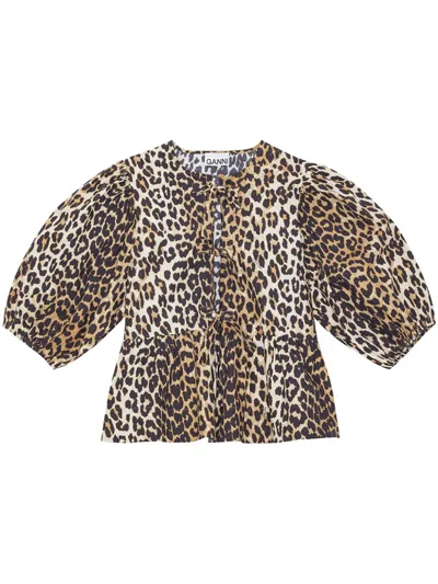 Ganni Woman Shirt Beige Size 6 Organic Cotton In Animal Print