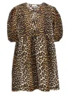 Ganni Printed Tie String Poplin Mini Dress In Animal Print