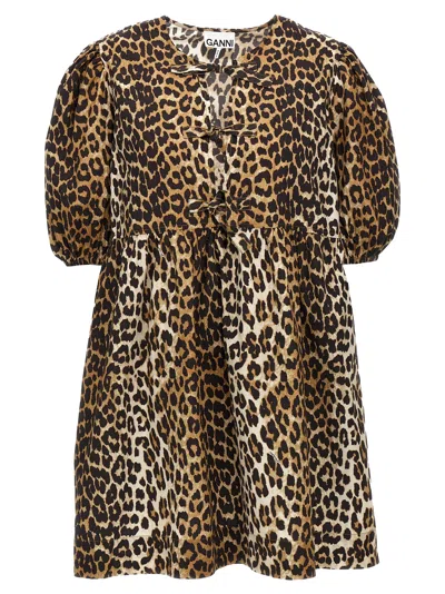 Ganni Brown Leopard Printed Cotton Tie String Minidress In 943 Leopard