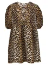 Ganni Womens Leopard Tie String Puff Sleeves Organic-cotton Mini Dress In Multicolor