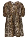 Ganni Brown Leopard Printed Cotton Tie String Minidress In Transparent