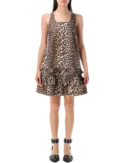 Ganni Leopard Poplin Mini Dress