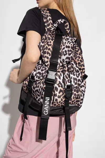 Ganni Leopard Print Backpack In Beige