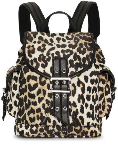 Ganni Leopard Small Nylon Bucky Backpack In Black