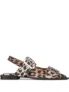 Ganni Multicolor Ballet Shoes With Double Buckle And All-over Leopard Print In Multi