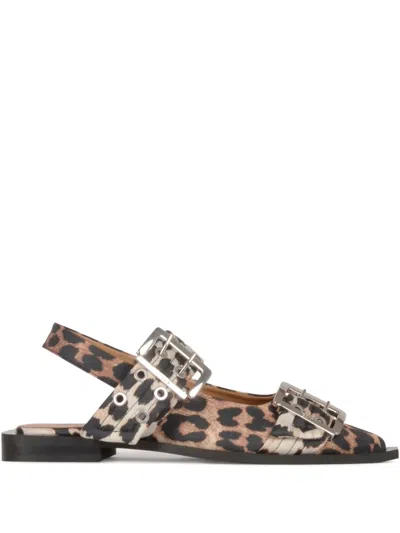 Ganni Multicolor Ballet Shoes With Double Buckle And All-over Leopard Print In Animal Print