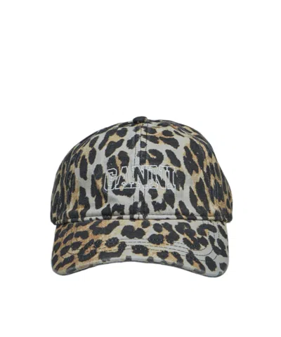 Ganni Leopard Print Baseball Cap In Beige