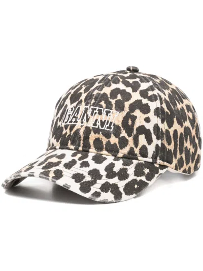 Ganni Leopard-print Baseball Cap In Brown