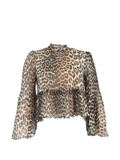Pre-owned Ganni Leopard-print Blouse In Brown