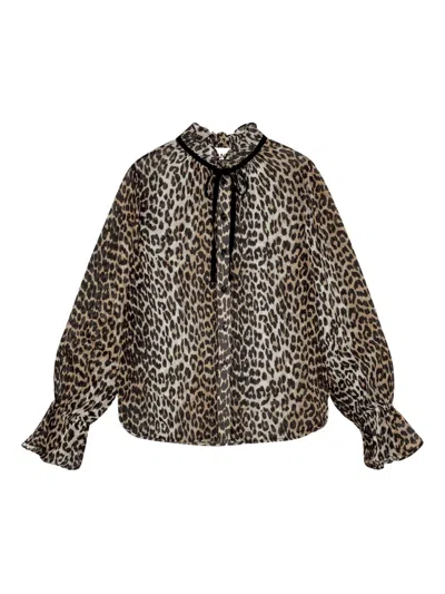 Ganni Leopard Print Blouse In Brown