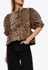 Ganni Multicolor Blouse With Front Tie Closure And All-over Leopard Motif In Cotton Woman In Brown