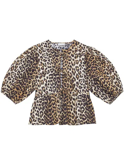 GANNI GANNI LEOPARD PRINT COTTON BLOUSE