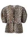 Ganni Multicolor Blouse With Front Tie Closure And All-over Leopard Motif In Cotton Woman In Brown