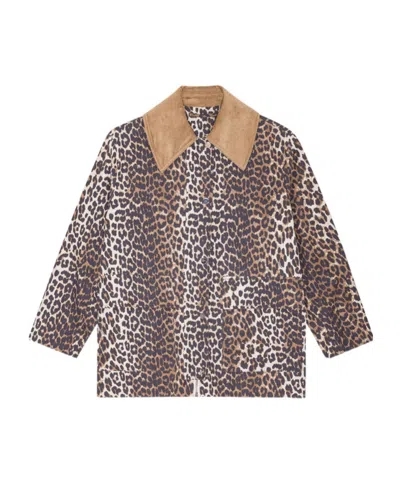 Ganni Leopard Printed Canvas Midi Puffer Jackets Brown In Animal Print