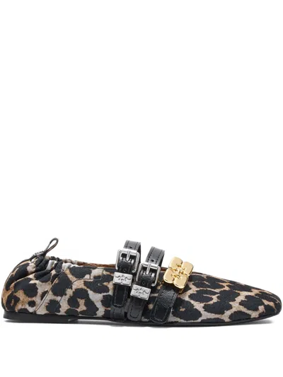 Ganni Leopard-print Buckle Ballet Flats In Brown