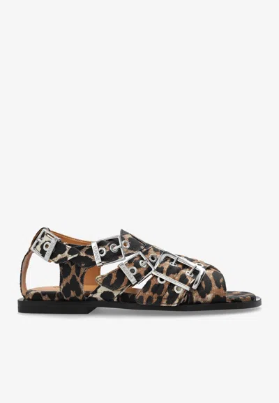 Ganni Leopard Print Buckled Sandals