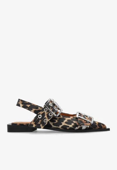 GANNI LEOPARD PRINT BUCKLED SLINGBACK FLATS