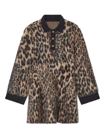 Ganni Leopard-print Button Mini Dress In Brown