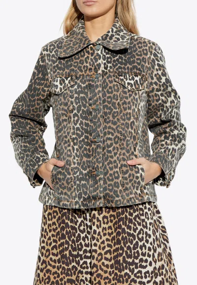 GANNI LEOPARD PRINT BUTTON-UP DENIM JACKET