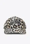 Ganni Leopard Print Canvas Baseball Cap In Black