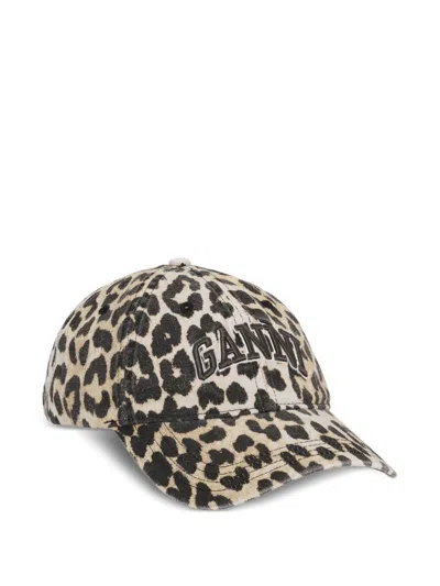 Ganni Leopard Print Canvas Baseball Cap In Beige