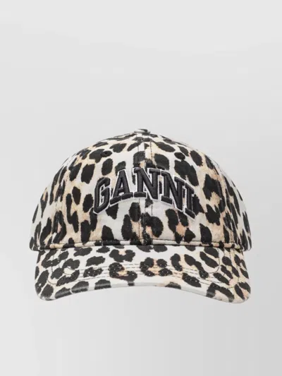 Ganni Leopard Print Canvas Baseball Cap In Gray