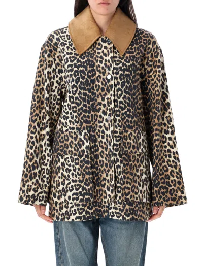 Ganni Leopard Print Canvas Midi Jacket