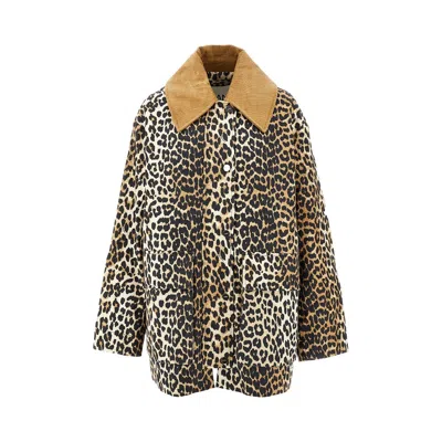 GANNI LEOPARD PRINT CANVAS RELAXED FIT JACKET