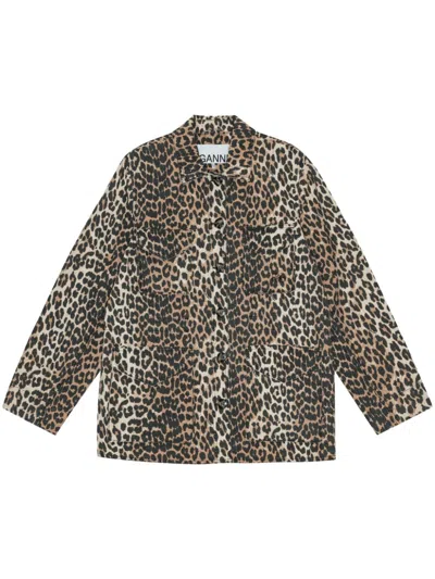 Ganni Leopard-print Canvas Shirt Jacket In Gray