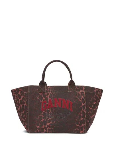 Ganni Leopard-print Canvas Tote Bag In Brown