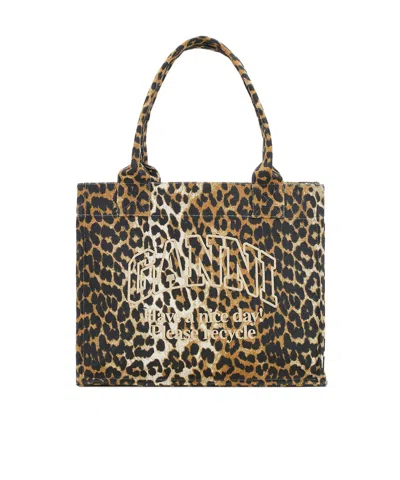 Ganni Leopard-print Canvas Tote Bag In Brown
