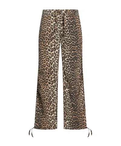 Ganni Leopard Print Casual Trousers In Brown