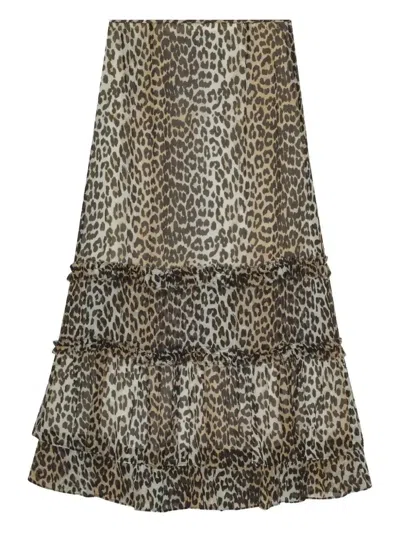 GANNI LEOPARD-PRINT CHIFFON RUFFLED MIDI SKIRT - WOMEN'S - FABRIC