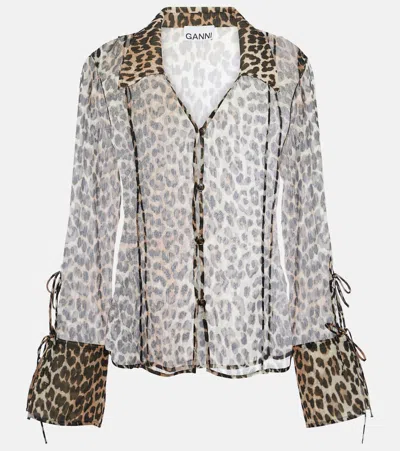 Ganni Leopard-print Chiffon Shirt In Multicolor
